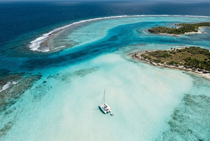 A catamaran lying at anchor over white sand in the Tobago Cays, Horseshoe Reef breaking on the outside and open Atlantic beyond.
