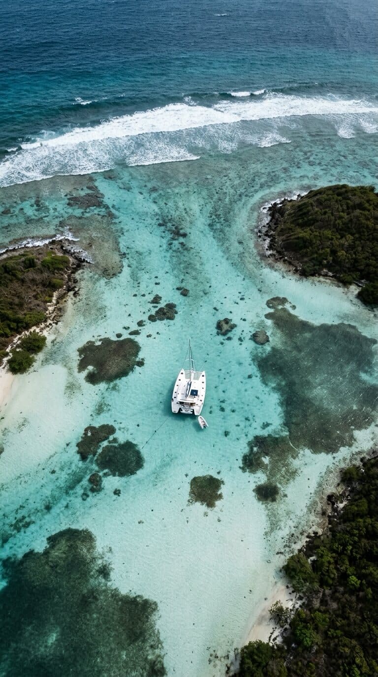 The same anchorage in the Tobago Cays, cropped tall for a phone: white sand, the reef line, open water beyond.