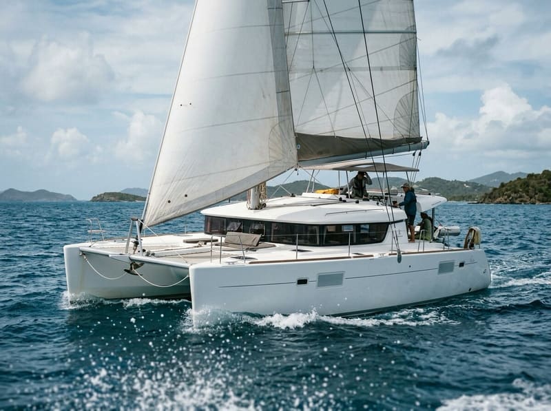 A cruising catamaran under full sail in trade-wind conditions, seen close from a chase boat off the bow.