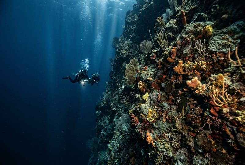 Two divers small against a deep pinnacle wall of sponge and soft coral, blue water behind them.