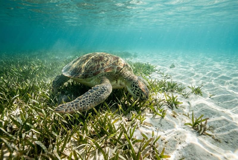 A green turtle grazing on seagrass in shallow clear water.