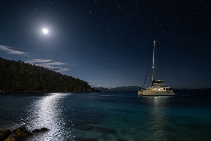 A catamaran at anchor under a full moon, the moon path across the water and a dark island behind.