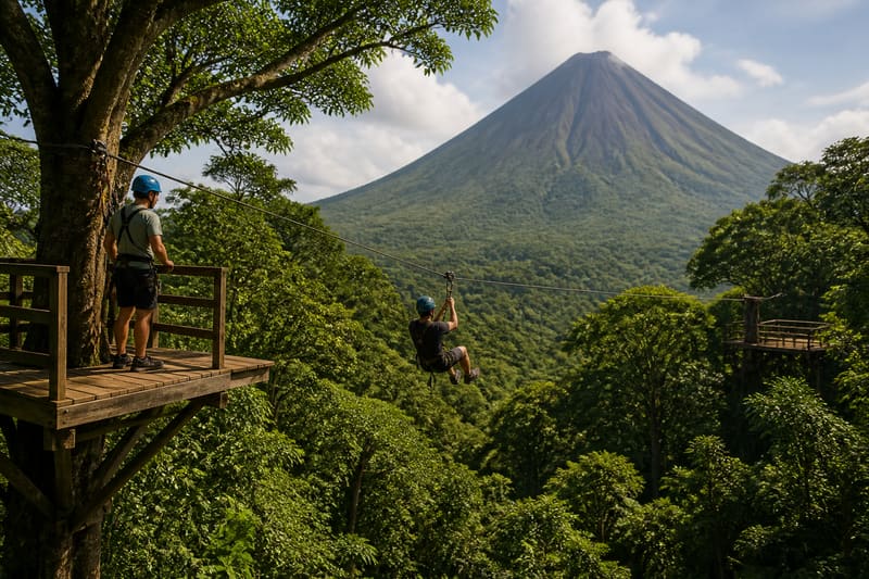 A canopy zipline platform on an old cocoa plantation, the sharp forested cone of a volcanic peak behind.