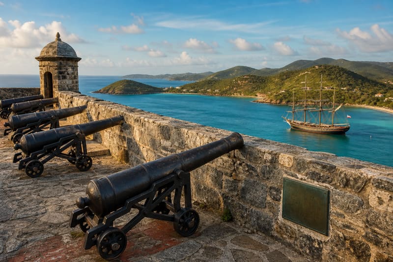 A restored stone fort above a harbour with a line of old cannon on the rampart and a tall ship anchored below.