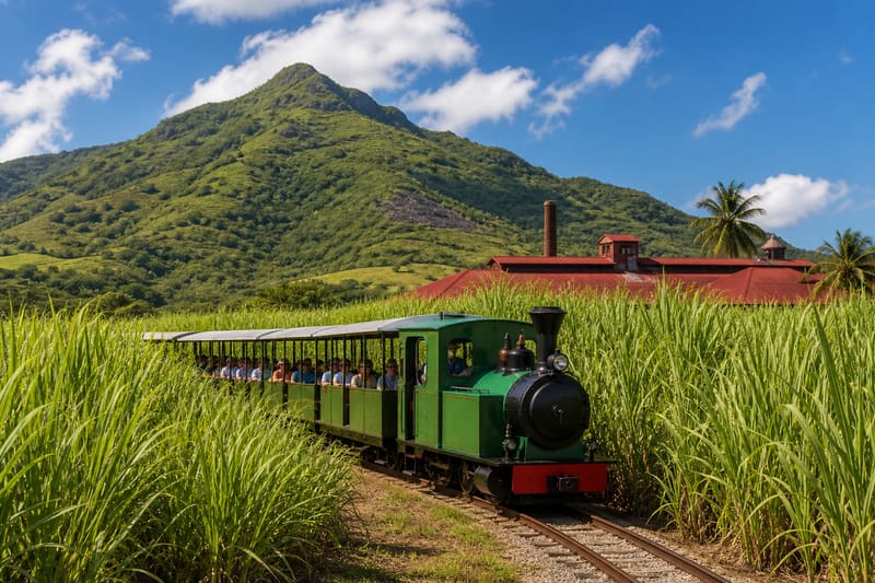 A small open tourist train running on narrow tracks through tall sugar cane towards a green mountain.