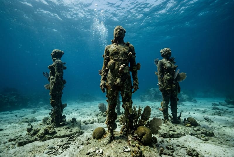 Concrete human figures standing on a shallow sandy seabed, encrusted with algae, divers’ bubbles above.