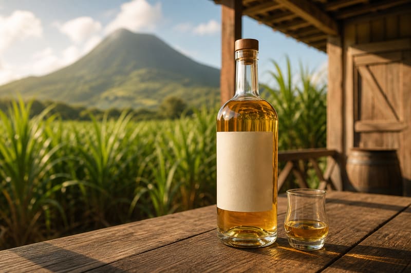 A bottle of agricole rum and a glass on a wooden table, sugar cane and a volcano behind.