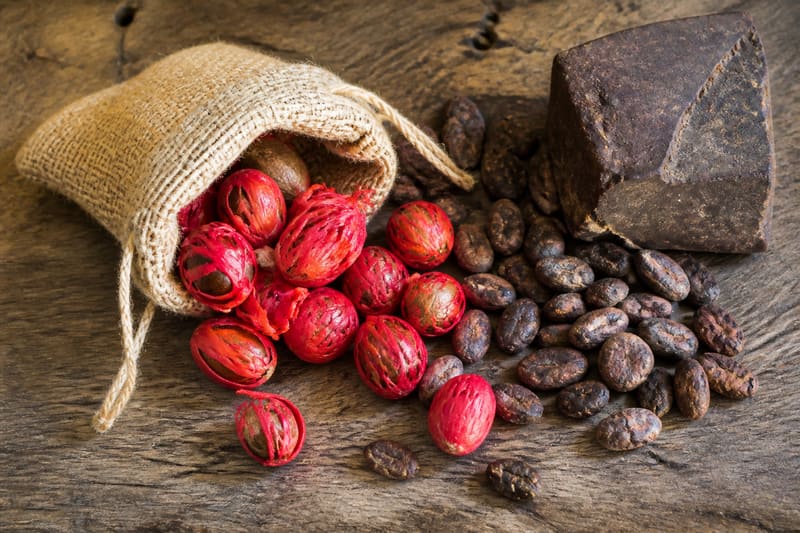 Whole nutmegs in red mace spilling from a burlap sack beside cocoa beans and a block of cocoa.