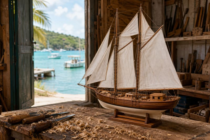 A finished hand-carved model schooner on a workbench, the harbour through the workshop door.