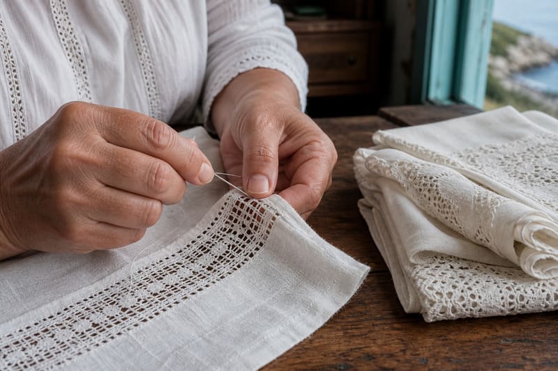 Hands working drawn-thread lace on white linen, finished pieces folded beside them.