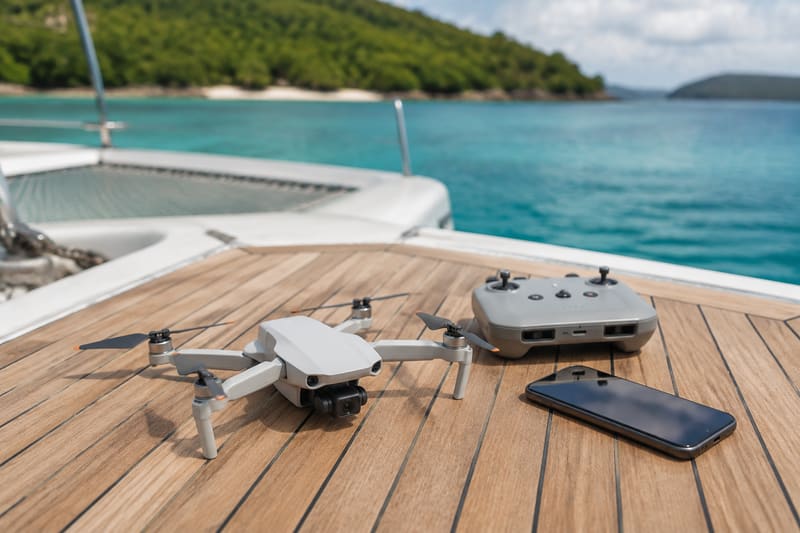 A small folding camera drone on the deck of a catamaran, its controller and a phone beside it.