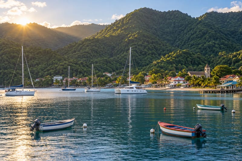 Deshaies, Guadeloupe, at first light: yachts on moorings in a steep green bay with the village along the shore.