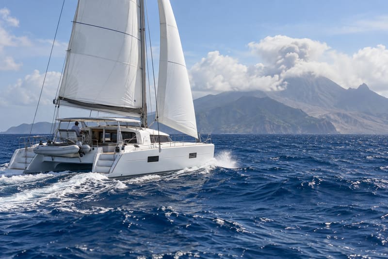 A catamaran under full sail on open water with the grey volcanic bulk of Montserrat on the horizon behind it.