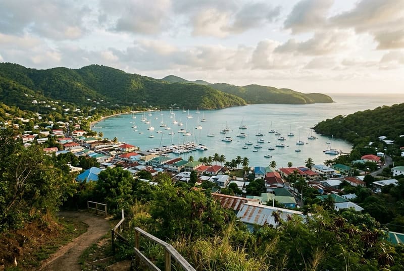 Admiralty Bay, Bequia, from the hill: yachts at anchor and the town along the shore.