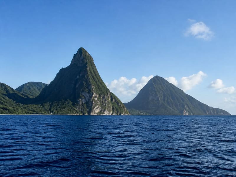 The two Pitons of Saint Lucia from the water off Soufrière on a clear morning.