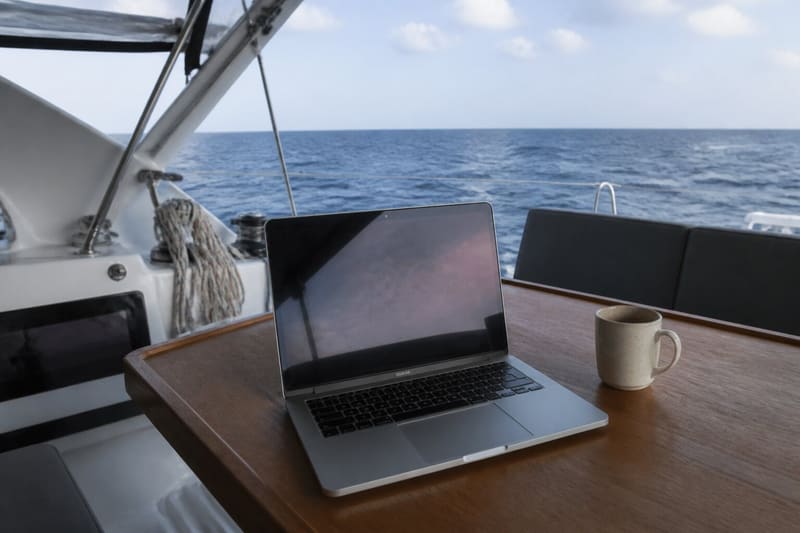 An open laptop on the cockpit table with the sea directly behind it.