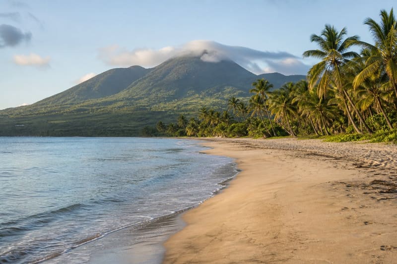 Pinney’s Beach, Nevis: a long curve of pale sand under coconut palms with Nevis Peak behind.