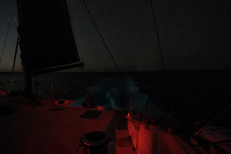Night sailing: the deck in darkness, red instrument light, a sail against a sky thick with stars.