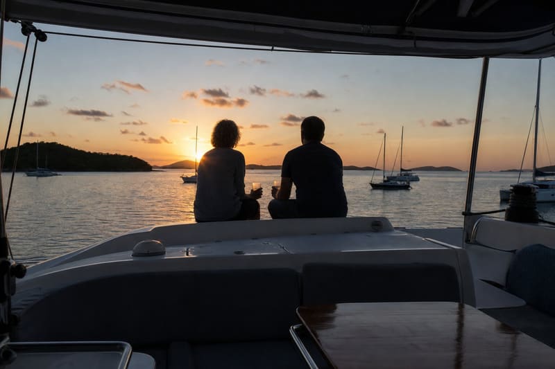 Sunset from the cockpit at anchor, two people sitting on the coachroof with drinks, backs to the camera.