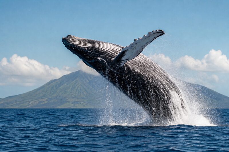 A humpback whale breaching almost clear of the water in open blue ocean, white water falling away from it, a hazy island on the horizon.