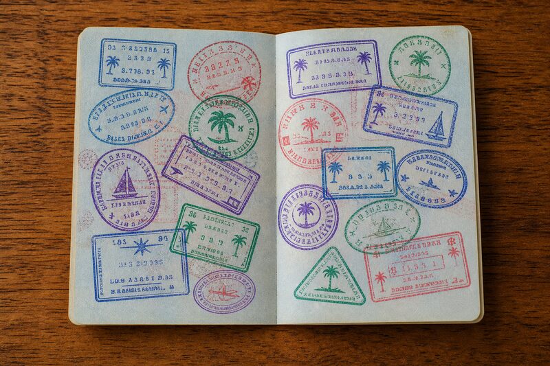 An open passport spread, both pages covered edge to edge with overlapping tropical entry and exit stamps in blue, green, purple and red ink.