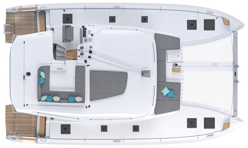 Lagoon 43 deck plan seen from directly above: the aft steps and cockpit with its table, the raised helm to port, side decks running forward, the forward lounging area and the trampolines at the bow.
