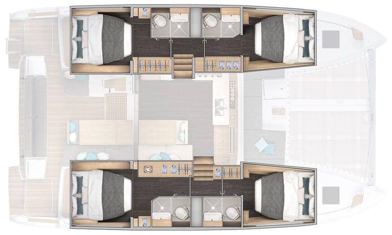 The same Lagoon 43 cut at hull level in the four-cabin version: two double cabins in each hull, one forward and one aft, each with its own bathroom.