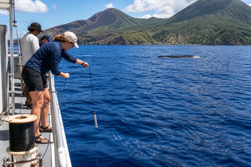 A hydrophone going over the side of a small boat into deep water off a green volcanic coast.