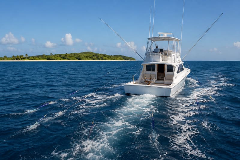 A sportfishing boat trolling a lure spread over deep blue ocean, a green island on the horizon.