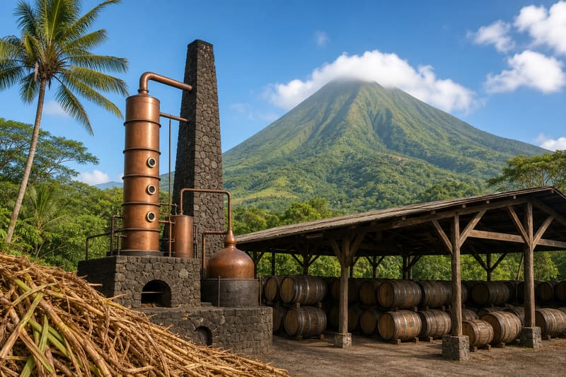 A rum distillery under a large green volcano: copper still, stone chimney, barrels under a wooden roof.