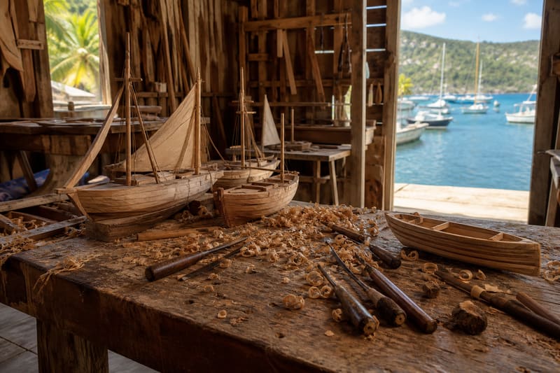 Half-finished hand-carved model sailing boats on a workbench in an open harbourside workshop.